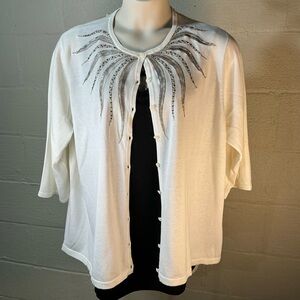 Bob Mackie Women's 2X Wearable Art White/Cream Silver Sequins Cardigan NWOT